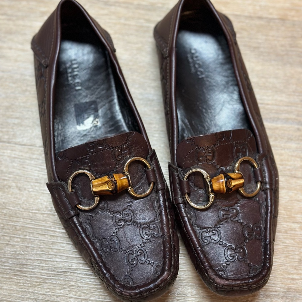 Gucci Brown Guccissima Leather Bamboo Horsebit Slip On Loafers Size 37 (US6,5-7)